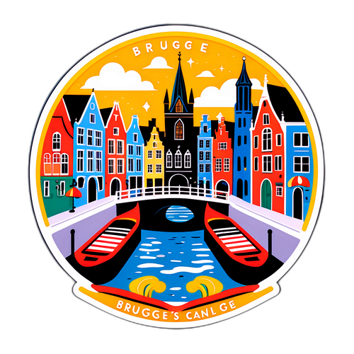 Autocolant jucăuș cu canalele și clădirile celebre din Bruges, încorporând elemente de folclor local