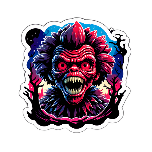 Sticker van een Demogorgon uit Stranger Things met een spookachtige achtergrond