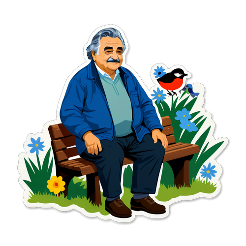 Pepe Mujica på en bänk med blommor och fåglar