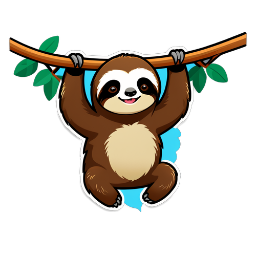 Playful Sloth Hanging from Tree Branch Sticker