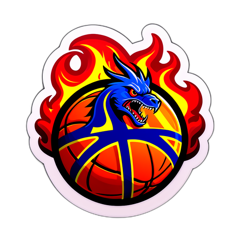 Sticker de una pelota de baloncesto en llamas con los logos de los Warriors y Raptors en el fondo