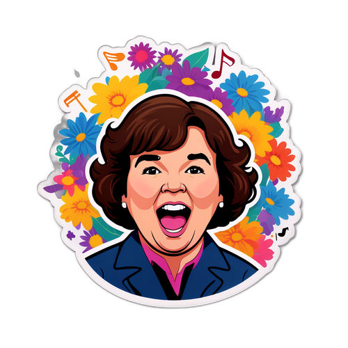 Autocollant de Susan Boyle chantant avec des notes de musique entourées de fleurs colorées