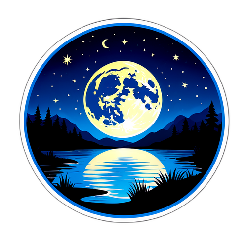 Diseño de una pegatina con la luna llena reflejando su luz en un lago tranquilo