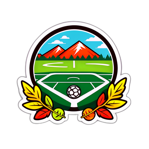 Stylizovaná nálepka s přírodními akcenty kolem sportovního hřiště