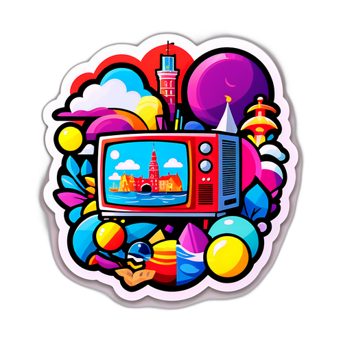 Fargerik klistremerke for TV2.no med moderne teknologiske elementer og populære danske severdigheter