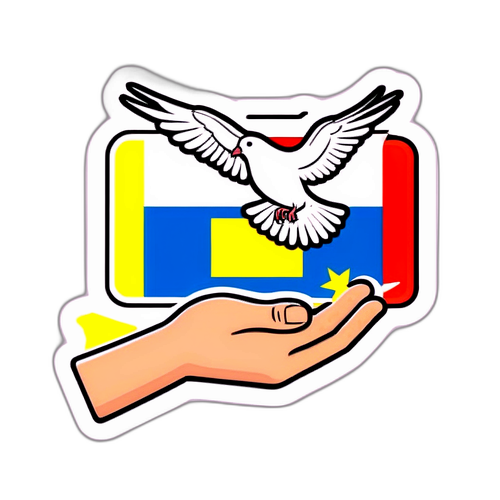 Sticker cu o mână care ține o porumbel, simbolizând pacea