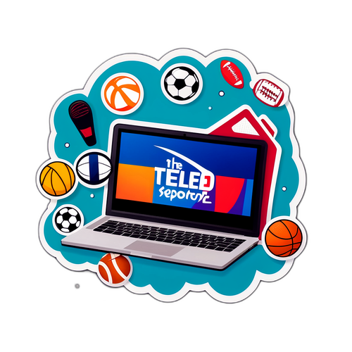 Diseño de un portátil con el logo de Teledeporte y fondo deportivo