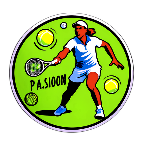 Una pegatina que muestra a una jugadora de tenis en movimiento, con la leyenda 'El tenis es pasión'