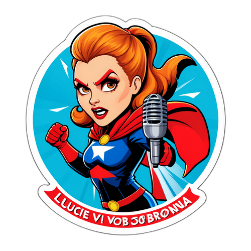 Ilustrace pro 'Lucii Výbornou' jako superhrdinku bojující za pravdu s mikrofonem jako zbraní