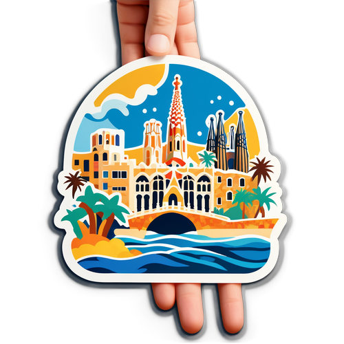 Sticker de Barcelone avec des éléments architecturaux de Gaudí et la mer Méditerranée