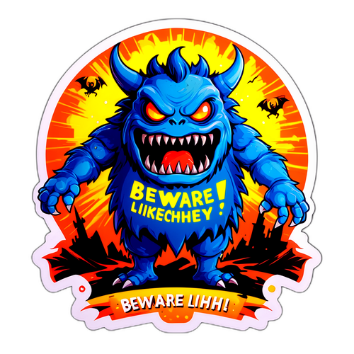 Наклейка с пугающим монстром и текстом 'Берегитесь, я Лихачев!'