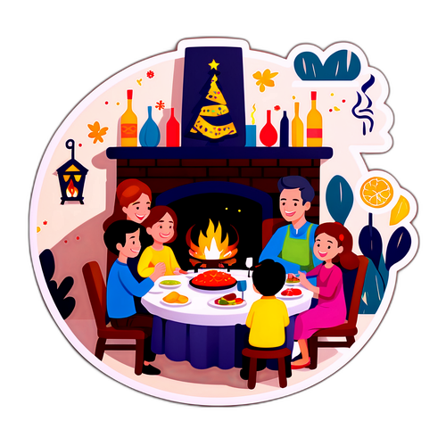 家庭围坐在壁炉旁欢庆新年晚餐的场景