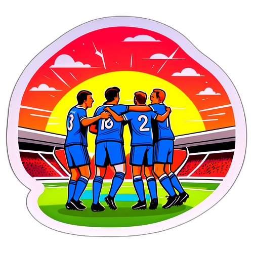 En tecknad illustration av Bodø/Glimt-spelare som firar ett mål på en livlig fotbollsplan vid solnedgång