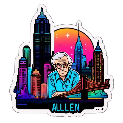 Vista Fantasiosa dello Skyline di New York con 'Woody Allen' in Luci Neon