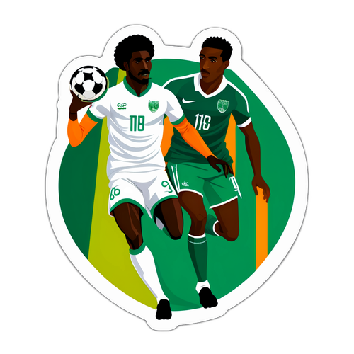 Create a sticker showing Saudi Arabian and Ivory Coast players in action
