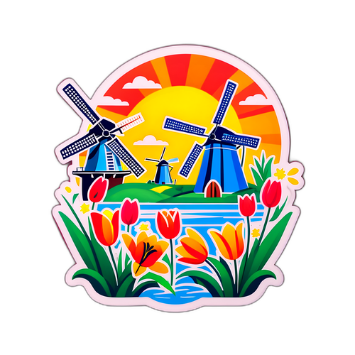 Naklejka z Holandii z wiatrakami i tulipanami