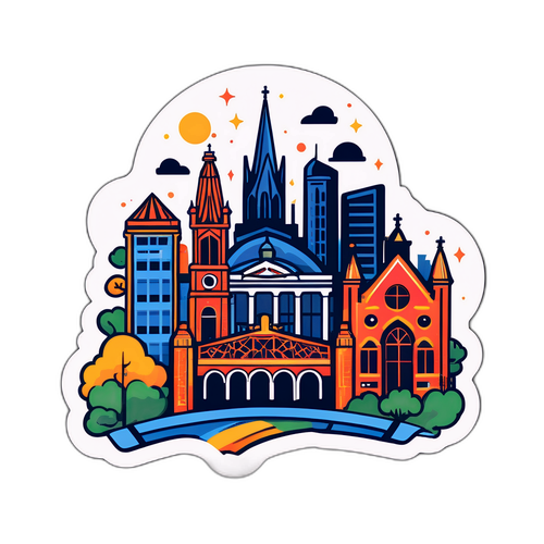 Creatieve sticker van Charleroi met de skyline van de stad en lokale iconen
