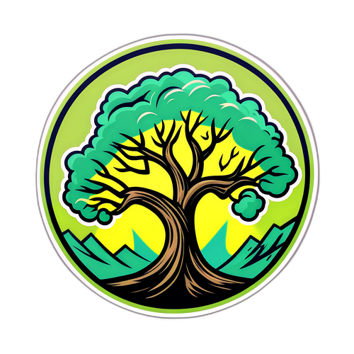 Ilustrace silného větru s ohnutými větvemi stromu a varovným symbolem