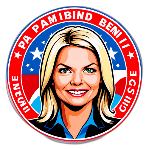 Samolepka Pam Bondi jako mluvčí, vyjadřující její energii a vášeň pro spravedlnost