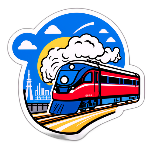 風を切る近鉄電車と名古屋・大阪のランドマークを描いたキャラクター
