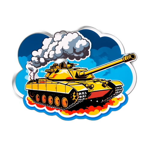 Un sticker care reprezintă un tank israelian sub un nori de fum