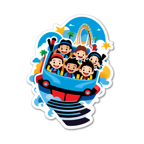 USJのジェットコースターを楽しむキャラクターたちのカラフルなステッカー