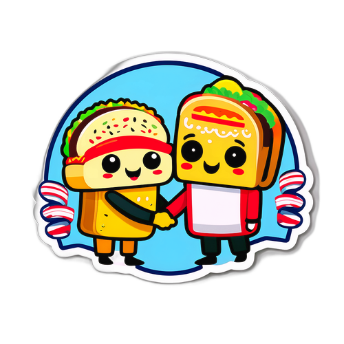 Un adesivo giocoso con taco e hamburger che si stringono la mano