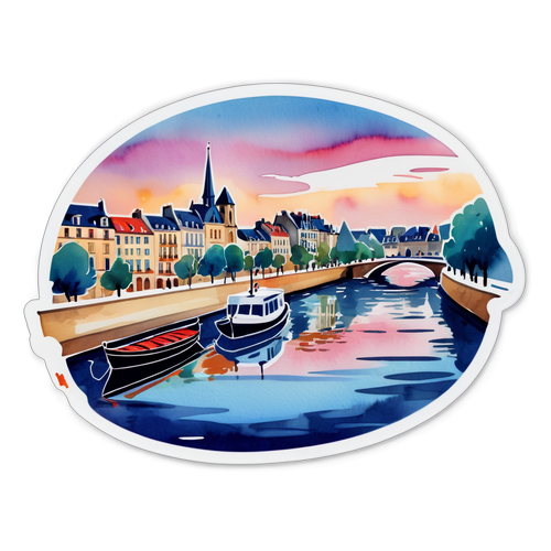 Un autocollant représentant le charme de Poissy avec la Seine et des bateaux, style aquarelle