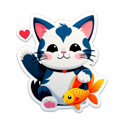 可愛貓咪與魚玩具貼紙