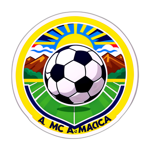 Ilustración de un balón de fútbol y un campo con los logos de Boyacá Chicó y América, fusionados en acción