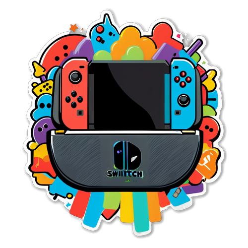 Desenho de um console Nintendo Switch 2 com controladores coloridos e jogos icônicos, celebrando a cultura gamer