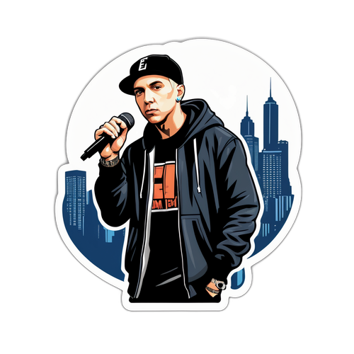 Eminem z mikrofonem i panoramą miasta