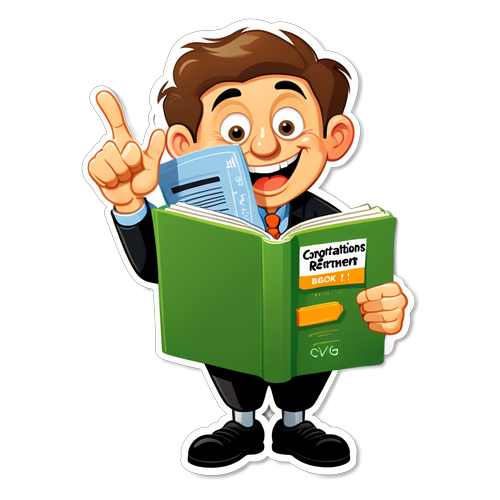 Nhân vật hoạt hình vui nhộn cầm sổ hưu, ghi 'Chúc mừng nghỉ hưu'