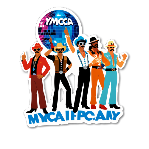 Autocollant représentant les Village People sous une boule à facettes avec le texte 'YMCA'