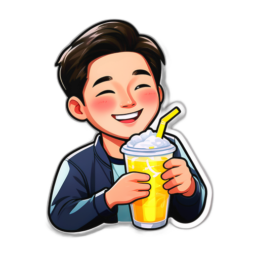 김주헌이 시원한 음료를 들고 행복하게 미소짓고 있는 그림