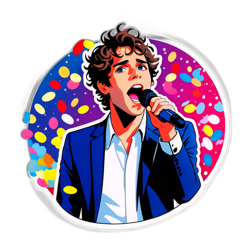 Mika chantant sur scène, entouré de confettis multicolores