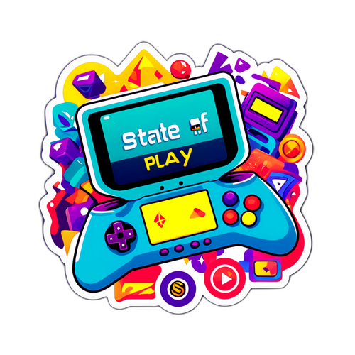 Sticker van een gameconsole met de tekst "State of Play"