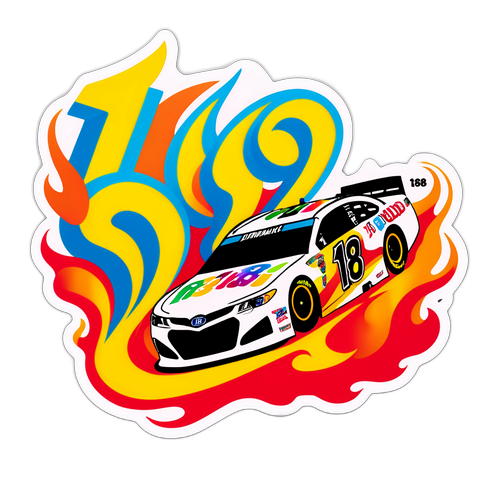 A dynamic design of Kyle Busch charging around a racetrack, complete with the number 18 and colorful flames.