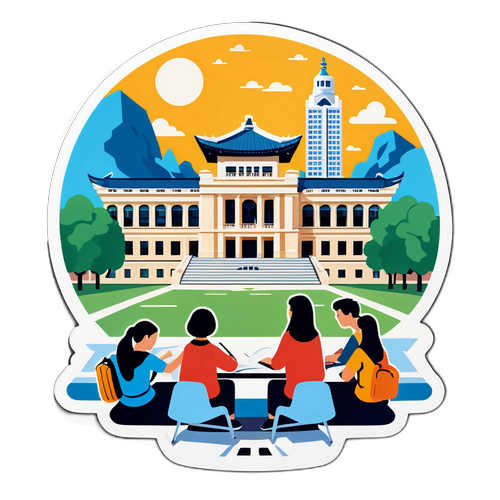 우송대학교의 상징적인 건물을 배경으로 학생들이 공부하는 스티커 디자인