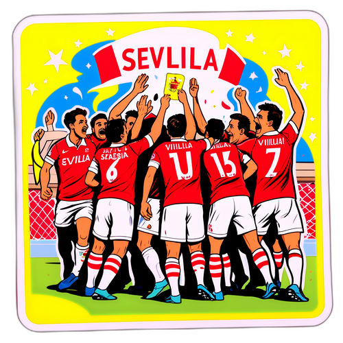 Sticker cu o scenă de meci Sevilla - Villarreal, cu fani sărbătorind în stil comic