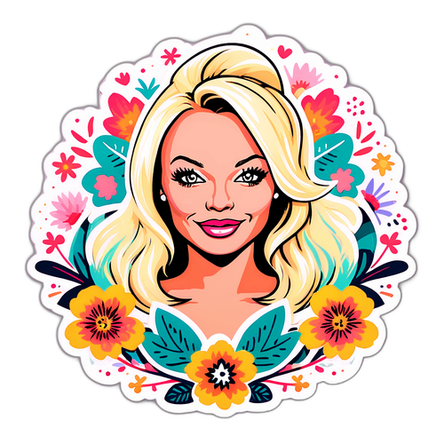 En lekende klistremerke av Pamela Anderson med blomsterdesign