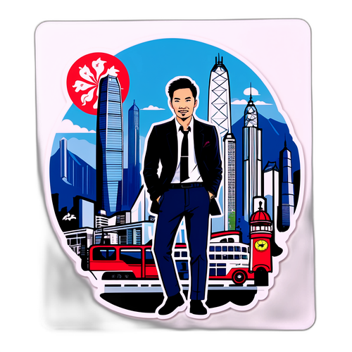 Stiker Jacky Heung dengan Latar Belakang Landmark Hong Kong