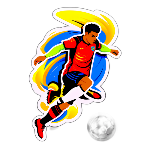 Дизайн наклейки с футбольным мячом и динамично движущимся игроком, символизирующим момент удара - 'Удар!'