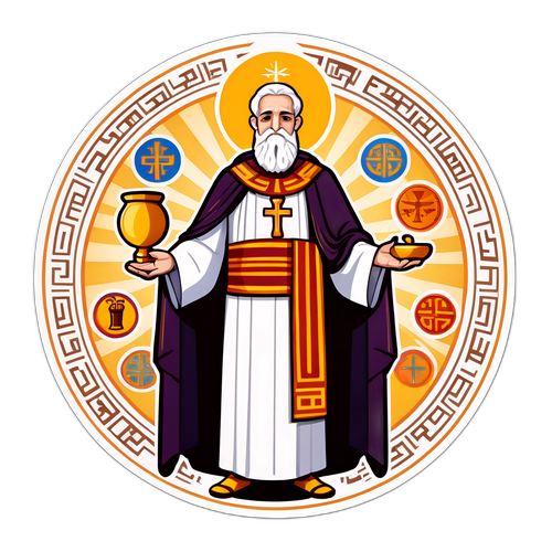 Στήλη σχεδίου που απεικονίζει Έλληνα ιερέα του λειτουργικού ημερολογίου με συμβολικά στοιχεία εορτασμού