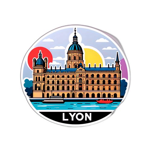 Ilustracja z zabytkami Lyonu z wesołym podejściem do jego historycznego znaczenia