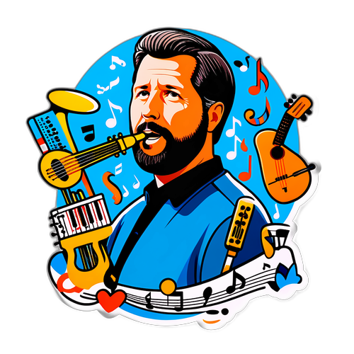 Ετικέτα του Brian Wilson με μουσικά όργανα γύρω του και νότες να πετούν