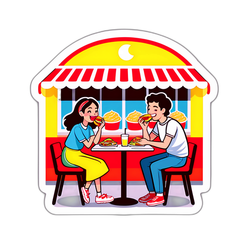 カップルがロッテリアで食事を楽しむイラスト