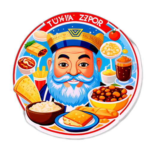 מדבקה חמודה של טוביה צפיר מוקף במאכלים ישראליים קלאסיים
