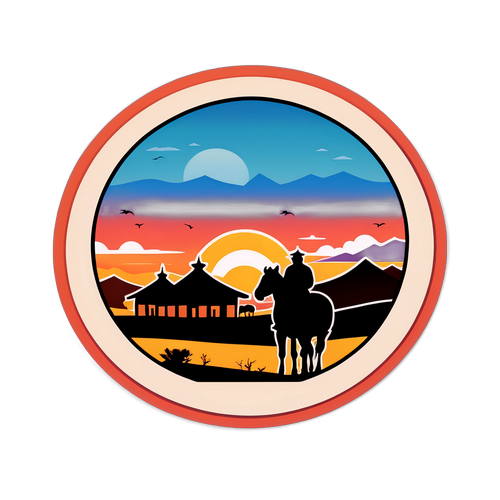 Mongolian tasanko maisema hevosen ja perinteisten ger-kotien kanssa auringonlaskussa