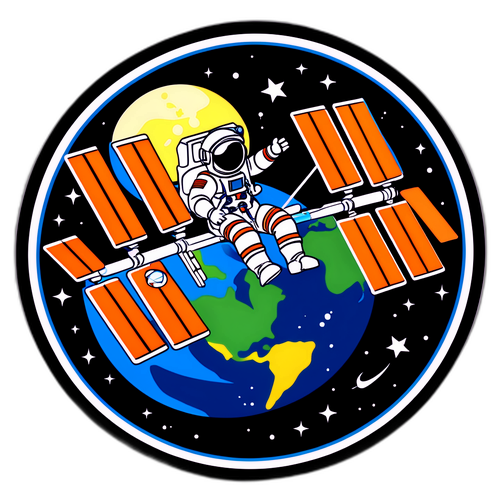Autocollant représentant la Station Spatiale Internationale (ISS) en orbite autour de la Terre, avec des étoiles scintillantes